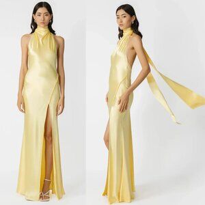 Sau Lee Penelope Maxi Gown Popcorn Yellow Satin Backless Halter‎ Size 12